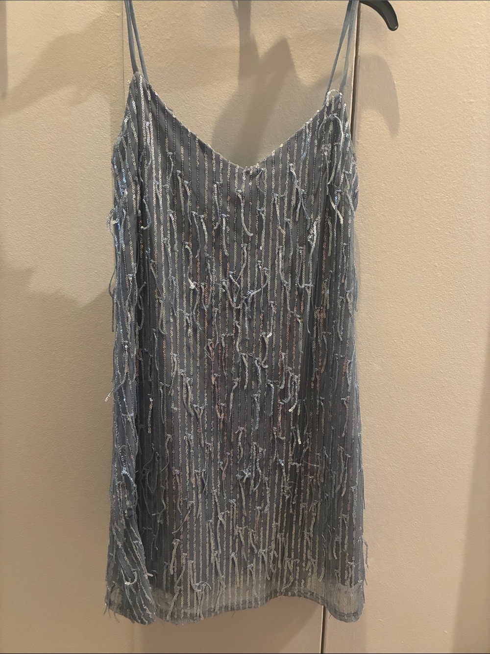 Light Blue Beaded Fringe Slip Dress